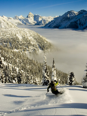 Julie ripping powder at Rogers Pass.