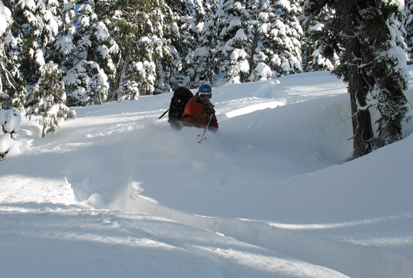 daniel Skiing trees in deep snow at Coquihalla.