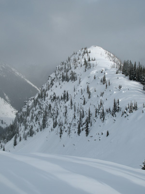 ridge Looking back. We skinned up on a ridge that runs from east to west and can be reached from a high logging road that starts at the parking lot.