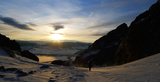 Grand Teton winter sunrise, skinning in the morning.