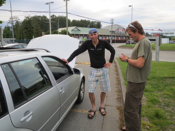 And as a great ski bum trip shall end, the car would not start right at the border booth. The officer gave us a push over the line where Nick and Eric took over. Then we waited for the engine to cool down.