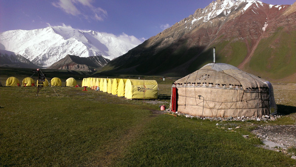 Our base camp (3700m) at Lenin. The Peak is the highest point in the middle.