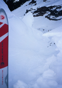 My first ski line on short skis. Dynafits (with original logo!) 170cm 73mm underfoot. Siberian Express, Mt Atwell, 2003.