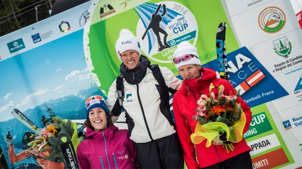 Melanie on the World Cup podium (right side) after placing 3rd in a sprint in Feb 2014.