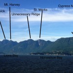 The Howe Sound Crest Trail mostly follows the ridge crest in this photo from the ferry.