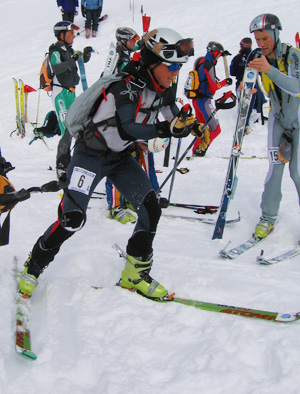 Jeannie racing somewhere in Europe, sporting the first generation of the legendary Scarpa F1 boots.