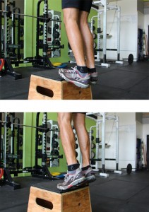 Eric demonstrating calf raises. Image is from our Manual for Ski Mountaineering Racing Training e-book. 