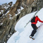 Approaching the 'shrund on the Aiguille du Argentiere with skis secured on the Raven. (Nick Elson Photo)