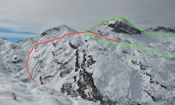 Showing parts of the course. Green is skinning or on foot, red are descents. ISMF photo.